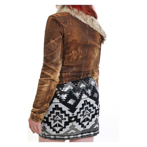 PLEIN SUD Brown Hook & Loop Detail Real Fur Distressed Leather Jacket - Picture 8 of 15